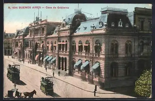 AK Buenos Aires, Strassenbahnen in Fahrt, Casa de Gobierno