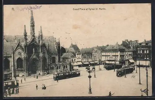 AK Roubaix, Grand` Place et Eglise St. Martin, Strassenbahn