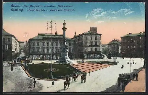 AK Lemberg, Maryacki-Platz u. Mieckiewicz-Denkmal, Strassenbahn