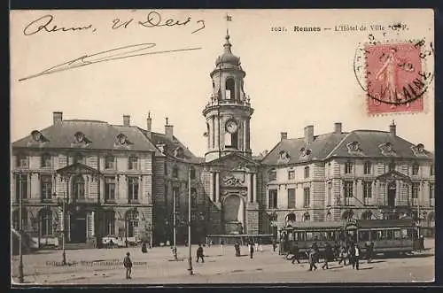 AK Rennes, Strassenbahn am Hotel de Ville