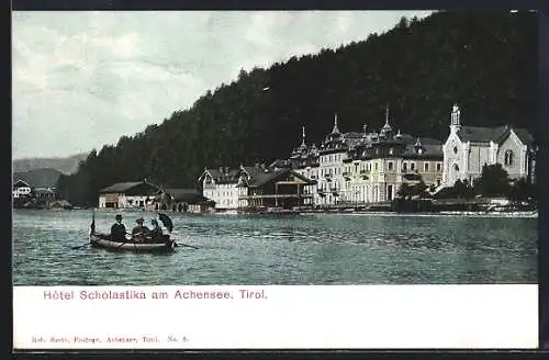 AK Achensee, Uferpartie mit Blick auf Hotel Scholastika