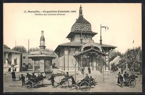 AK Marseille, Exposition Coloniale 1906, Pavillon des Colonies diverses mit Rikschas, Ausstellung