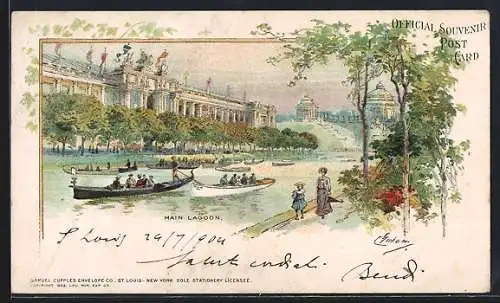 Künstler-Lithographie St. Louis, World`s Fair 1904, Main Lagoon with Boats