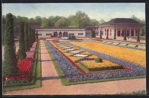 AK Dresden, Jubiläums-Gartenbau-Ausstellung 1926, grosse Schmuckanlage am Haupteingang