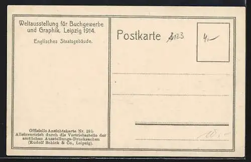 AK Leipzig, Weltausstellung für Buchgewerbe und Graphik 1914, Englisches Staatsgebäude