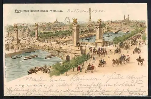 Lithographie Paris, Weltaustellung Exposition Universelle 1900, le Pont Alexandre III