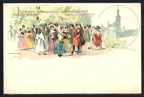 Lithographie Bruxelles, Exposition Internationale 1897, Quartier du Vieux Bruxelles Personnes du Jardin