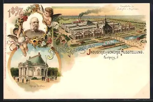 Lithographie Leipzig, Sächsisch-Thüringische Industrie- u. Gewerbeausstellung 1897, Königspavillon