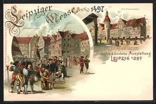 Lithographie Leipzig, Musikanten vor Auerbachs Hof und Partie am Naschmarkt