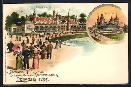 Lithographie Leipzig, Industrie- und Gewerbe-Ausstellung 1897, Wiener Cafe, Hauptrestaurant