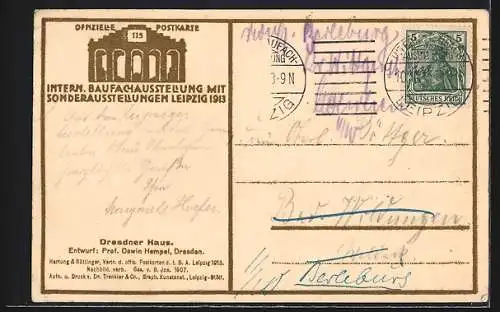 AK Leipzig, Intern. Baufachausstellung 1913, Dresdener Haus