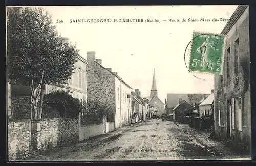 AK Saint-Georges-le-Gaultier, Route de Saint-Mars-du-Désert avec vue sur l`église