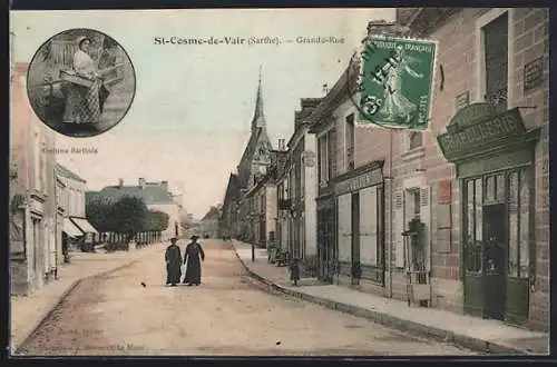 AK Saint-Cosme-de-Vair, Grande-Rue animée avec personnages et commerces