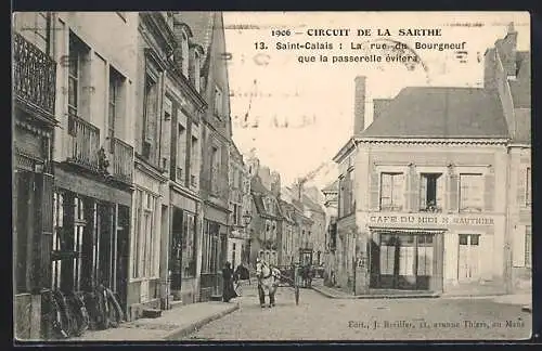 AK Saint-Calais, La rue du Bourgneuf et le Café du Midi en 1966