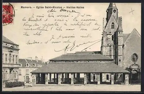 AK Mamers, Église Saint-Nicolas et Vieilles Halles