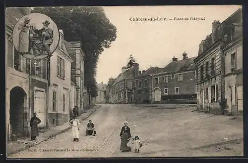 AK Château-du-Loir, Place de l`Hôpital avec des passants et scène médicale illustrée