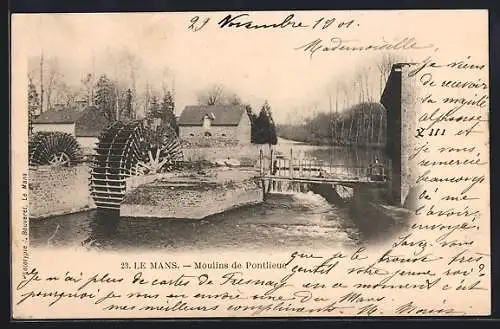 AK Le Mans, Moulins de Pontlieue avec vue sur la rivière et les bâtiments adjacents