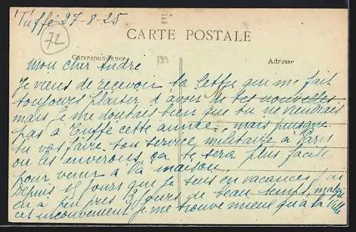 AK Tuffé, Rue Fresnay avec message manuscrit sur une maison