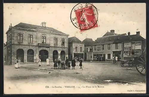 AK Vibraye, La Place de la Mairie avec enfants et charrette