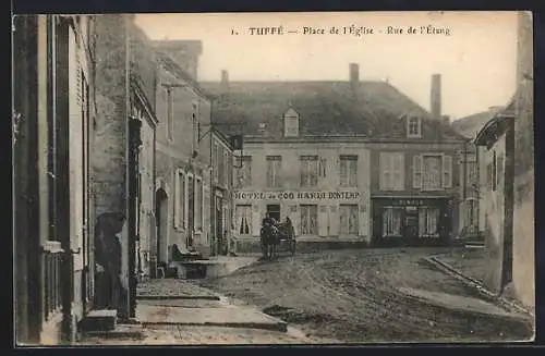 AK Tuffé, Place de l`Église et Rue de l`Étang avec hôtel et calèche