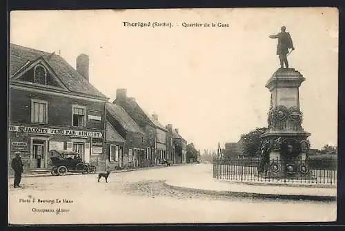 AK Thorigné, Quartier de la Gare avec statue monumentale