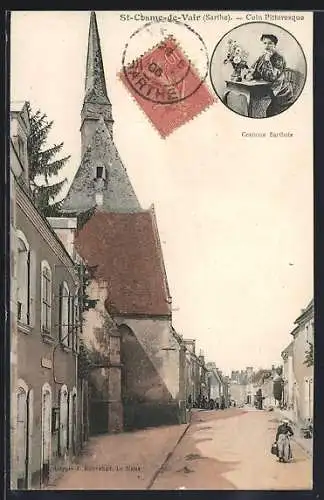 AK St-Cosme-de-Vair, Église et rue pittoresque avec costume traditionnel sartois