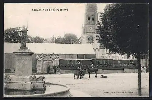 AK Le Mans, Souvenir du Théâtre Hervé avec fontaine et église en arrière-plan