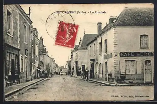 AK Précigné, Rue Principale avec le Café Leroy et passants