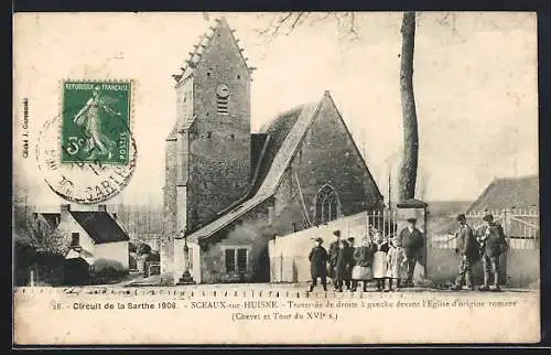 AK Sceaux-sur-Huisne, Traversée devant l`église romane du XVe s., Circuit de la Sarthe 1906