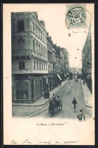 AK Le Mans, Rue Dumas animée avec passants et calèche