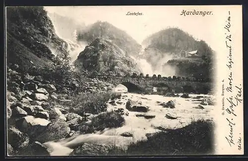 AK Laatefos /Hardanger, Brücke vor dem Wasserfall