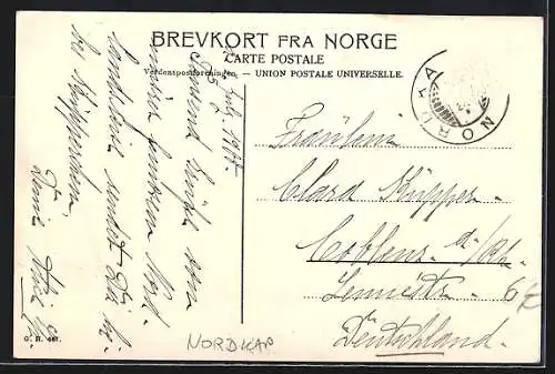 AK Nordkap, Midnatssol, Dampfer bei Mitternachtssonne