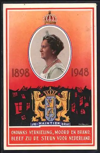 AK Königin Wilhelmina von den Niederlanden 1898-1948, Wappen vor Ruinen