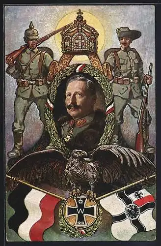 AK Porträt Kaiser Wilhelm II., Kolonialsoldaten, Adler, Reichsfahne