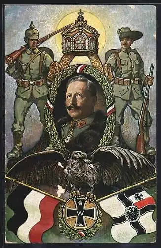 AK Porträt Kaiser Wilhelm II., Kolonialsoldaten, Adler, Reichsfahne