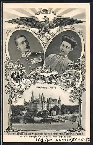 AK Grossherzogl. Schloss, Portraits Herzogin Cecilie zu Mecklenburg-Schwerin und Kronprinz Friedrich Wilhelm, Wappen