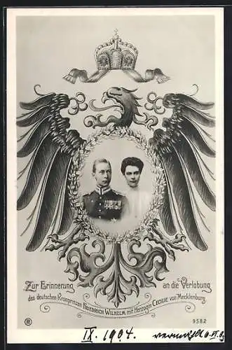 AK Kronprinz Wilhelm und Kronprinzessin Cecilie abgebildet mit Wappen und Krone, zur Verlobung