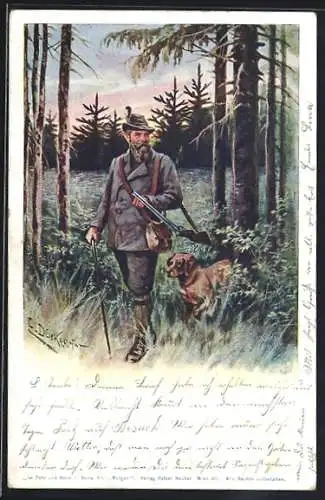 Künstler-AK E. Döcker: Jäger mit Jagdhund im Wald