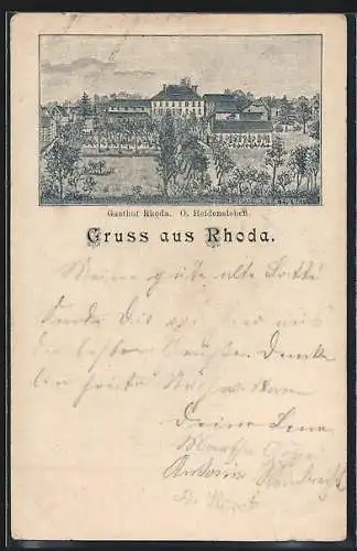 Lithographie Rhoda, Gasthof Rhoda und Ortsansicht