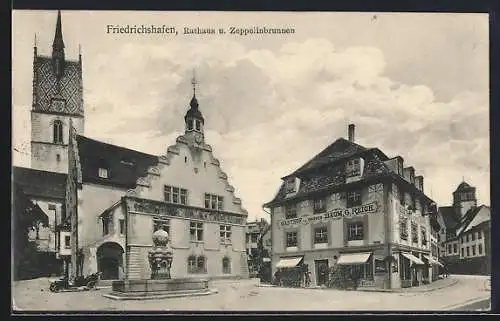 AK Friedrichshafen, Gasthaus zum Grünen Baum, Rathaus und Zeppelinbrunnen