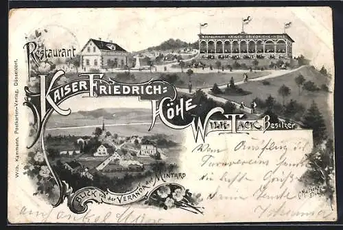 Lithographie Düsseldorf, Gasthaus Kaiser Friedrichhöhe, Bes. Wilh. Tack, Blick von der Veranda auf Mintard