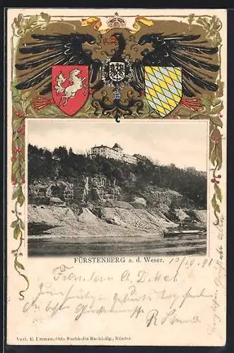 Passepartout-Lithographie Fürstenberg a. d. Weser, Ansicht mit geprägtem Wappen