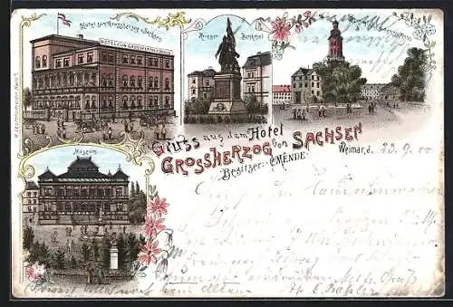 Lithographie Weimar / Thüringen, Hotel zum Grossherzog von Sachsen, Museum, Kriegerdenkmal