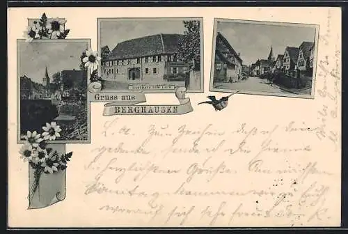 AK Berghausen, Gasthaus zum Laub und Strassenpartie mit Kirche