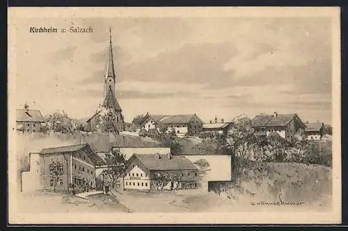 Künstler-AK Kirchheim / Traunstein, Ortsansicht mit Kirche