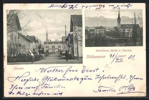 AK Kolbermoor, Schulhäuser mit Kirche und Pfarrhof, Strassenpartie mit Handlung H. Fuchs