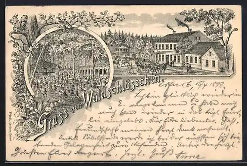 Lithographie Erfurt, Gasthaus Waldschlösschen, Aussenansicht und Gartensitze