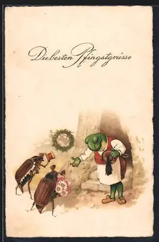 Künstler-AK Maikäfer begrüssen einen Frosch vor seiner Haustür