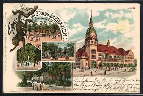 Lithographie Leipzig, Zoologischer Garten, Antilopenhaus, Stelzvogelteich, Vogelhaus, Hauptgebäude, Raubvogelkäfig