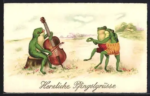 AK Vermenschlichter Frosch spielt für ein tanzendes Froschpaar Cello